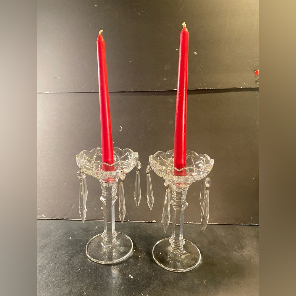 ROYAL GALLEY Vintage Crystal/Crystal-Prisms Pedestal Candleholders Set